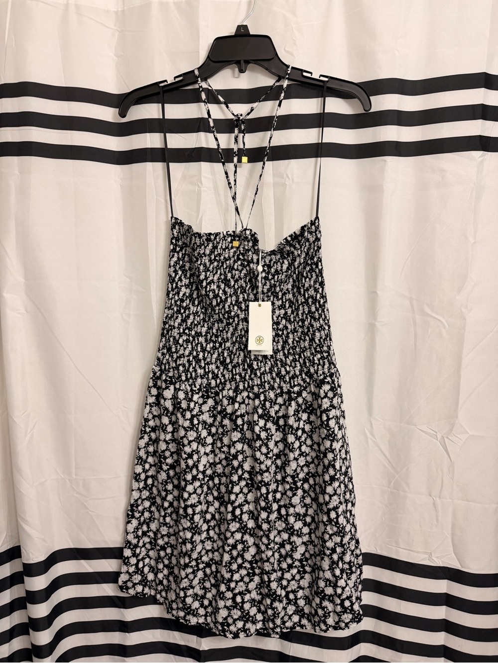 Tory Burch Black and White Floral Smocked Mini Dress